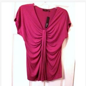 APT 9 Fuchsia Pink V-Neck Ruched Front Cap Sleeve Blouse Sz-L